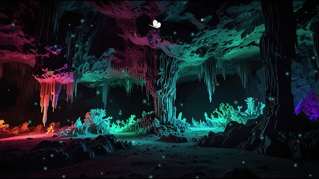 The video is of a colorful cave with glowing mushrooms and crystals.