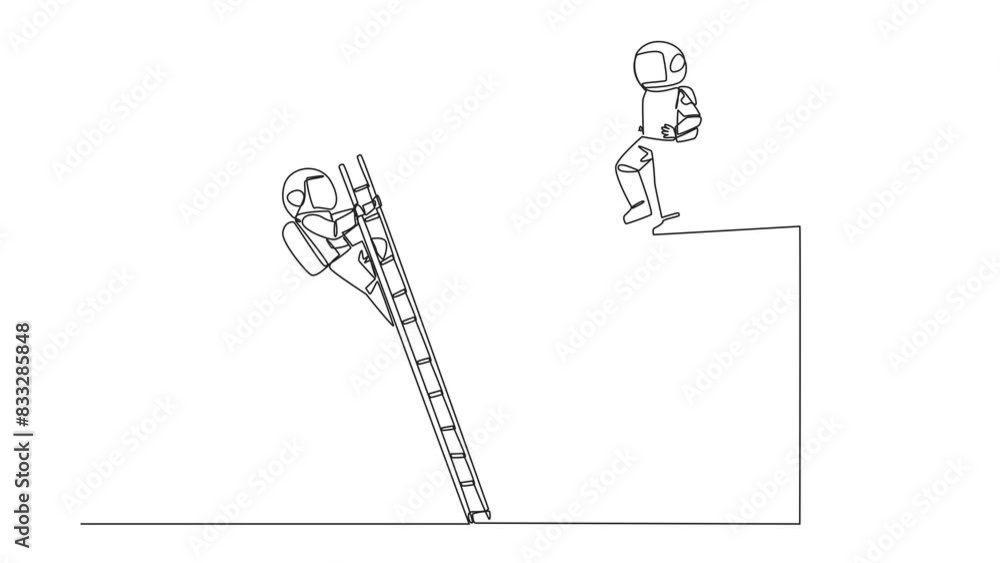 Poster animated self drawing of continuous one line drawing astronaut kicks opponent who is climbs safe dep