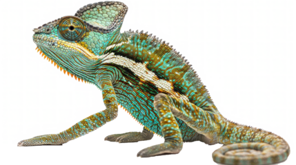 Colorful reptiles including iguana and chameleon, isolated on white