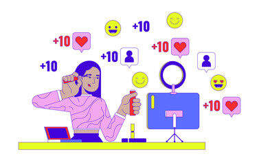 Makeup artist influencer 2D linear illustration concept. Middle eastern female visagiste applying make cartoon character isolated on white. Social media metaphor abstract flat vector outline graphic
