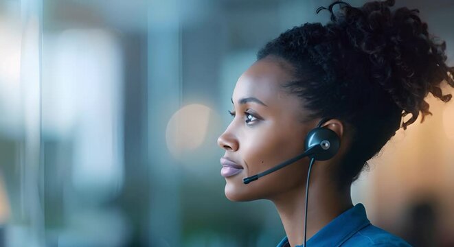 An African American woman helping customers in a call center environment. Concept Customer Service, Call Center Support, Professional Communication