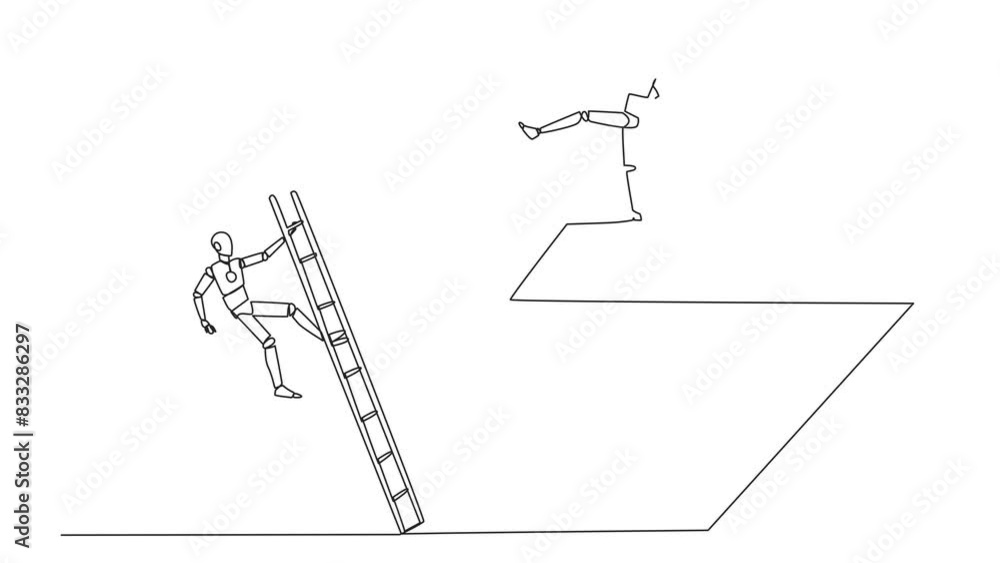 Aufkleber self drawing animation of single continuous line drawing smart robot kicks rival who is climbing the