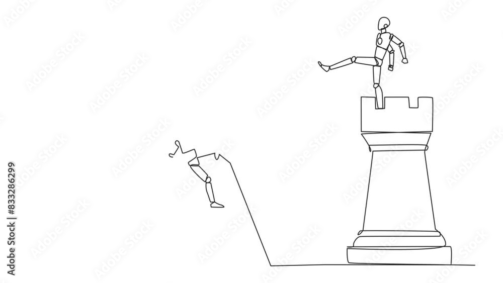 Poster animated self drawing of single one line drawing smart robot kicks opponent who climbing the chess r