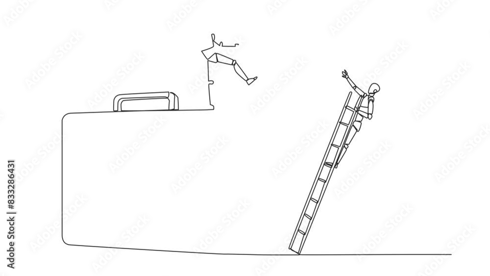 Poster animation of single continuous line drawing smart robot kicks opponent who is climbing the briefcase