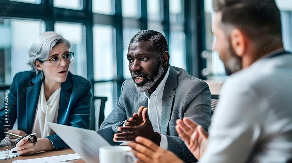 Poster diverse business team having a serious discussion during a meeting in a modern office setting. colla