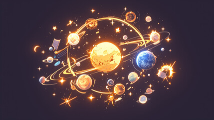 Whimsical depiction of the solar system in a cosmic setting