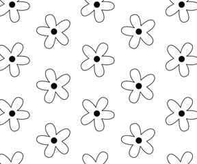 Seamless pattern with daisies, hand-drawn background, vector doodle, trendy monochrome print, simple black and white botanical background
