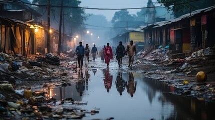 A poignant street scene with individuals walking by shops on a wet street with reflections in the puddles