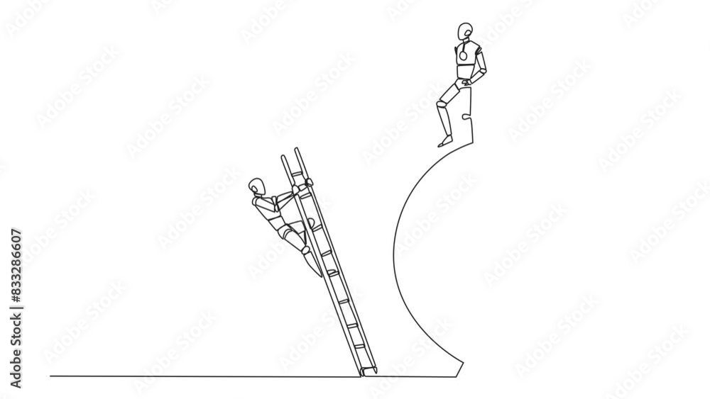 Poster animation of single one line drawing the robot kicks colleague who is climbing the target arrow boar