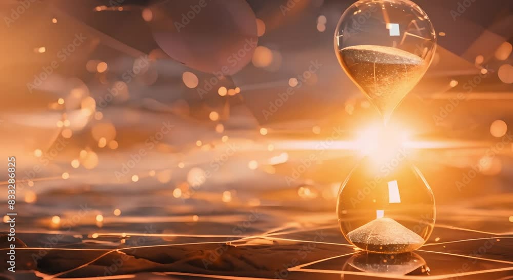 Poster hourglass with sand falling symbolizing time passing against dark neural network background. concept