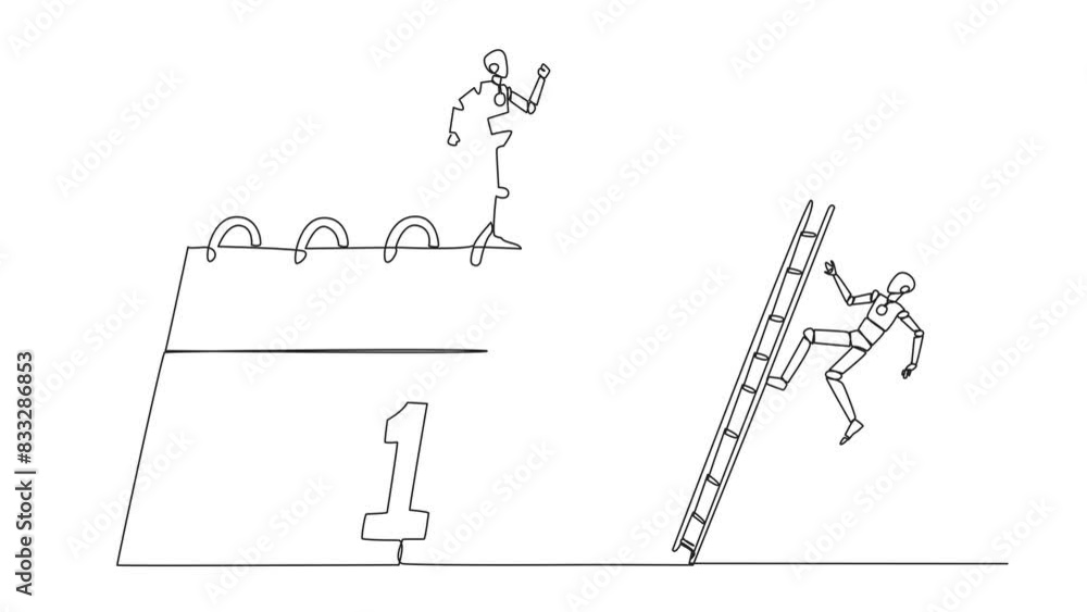Poster self drawing animation of continuous one line drawing smart robot kicks opponent who is climbing a d