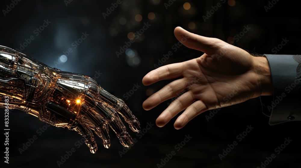 Poster a human hand extends towards a robotic hand, symbolizing ai integration and humanity's interaction w