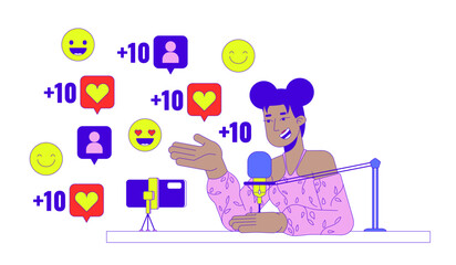 Popular podcaster talking into mic 2D linear illustration concept. Black female content creator cartoon character isolated on white. Social media metaphor abstract flat vector outline graphic