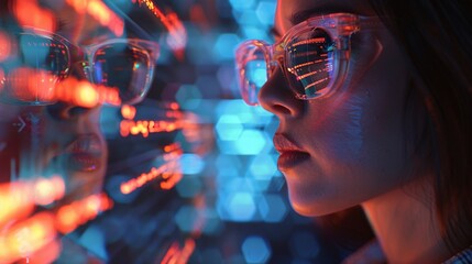 Software, coding hologram and woman on tablet thinking of data analytics, digital technology and night overlay. Programmer or IT person in glasses on 3d screen, programming and cybersecurity research