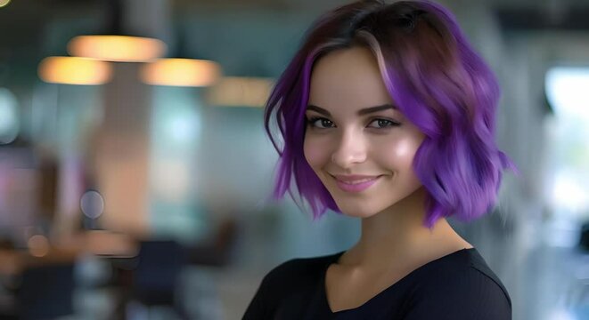 Portrait of young woman with short ombre purple hair smiling in office. Concept Office environment, Professional portraits, Ombre hair, Purple hair, Youthful smile
