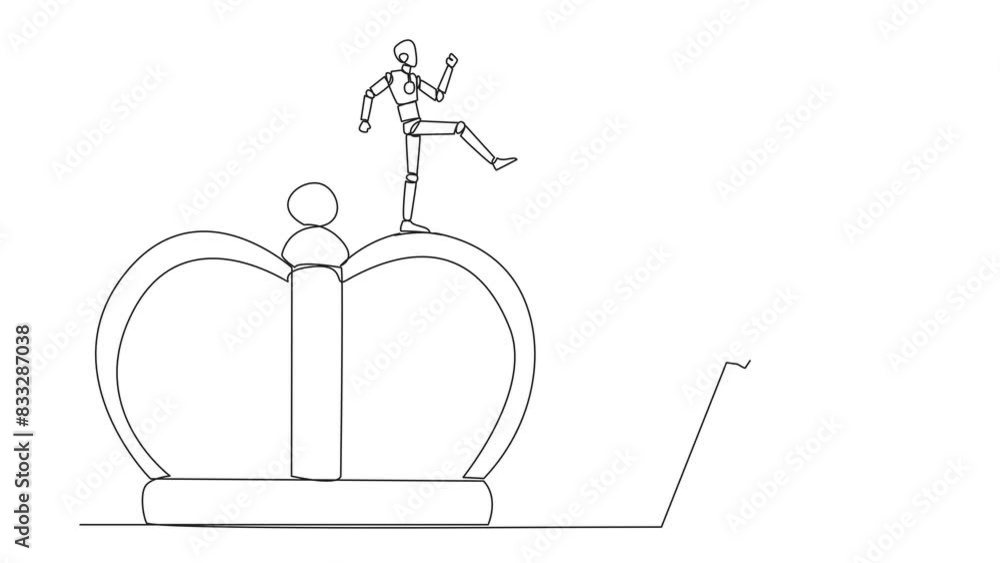 Poster animation of single continuous line drawing smart robot kicks opponent who is climbing the crown wit