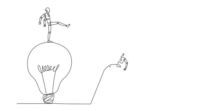 Animated self drawing of one line drawing smart robot kicks opponent who climbing lightbulb with ladder. Dropping colleague because don't have bright ideas. Traitor. Full length single line animation