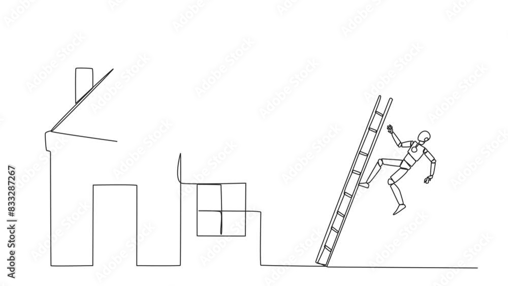 Poster animation of single continuous line drawing smart robot kicks opponent who climbs a miniature house 