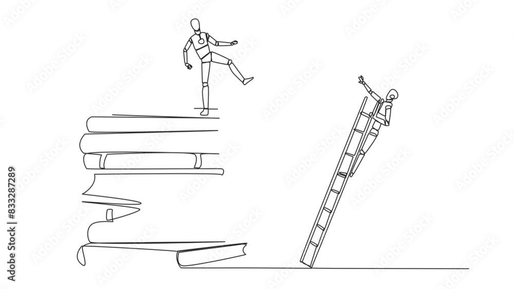 Poster self drawing animation of continuous one line drawing smart robot kicks opponent who climbing a pile