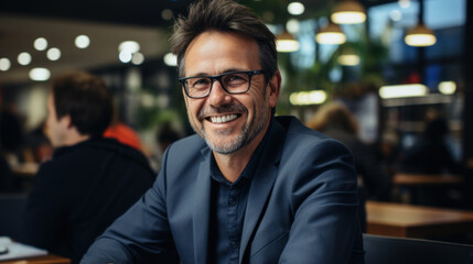 Fototapeta premium Confident businessman smiling at the camera with relaxed cafe ambiance in the background highlighting urban lifestyle