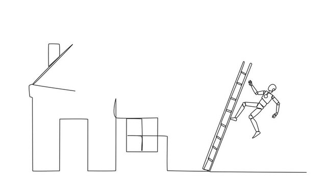 Animation of single continuous line drawing smart robot kicks opponent who climbs a miniature house with stairs. Metaphor of fraud committed by house developers. Bad business. Full length motion
