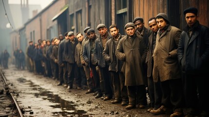 "The Ultimate Guide Of Leather Jackets From 1920s To 2024 Ace" 2 A somber row of workers dressed in vintage industrial-era clothing, standing on a cobblestone street