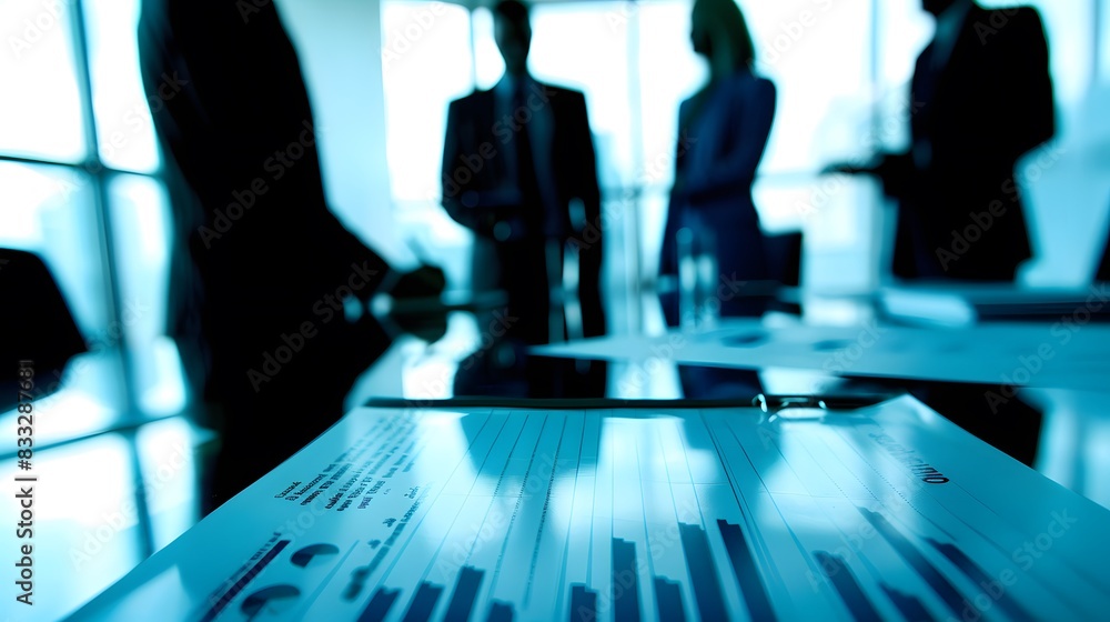 Poster silhouetted business professionals discussing graphs and data charts in a modern office setting duri