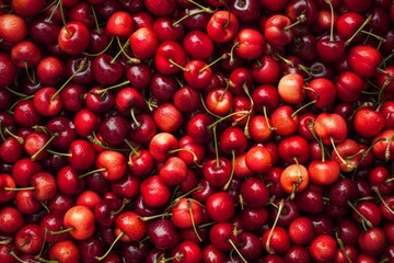 A lot of light red cherries, top view.