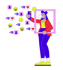 Internet celebrity taking selfie for social media 2D linear illustration concept. Hispanic young woman holding phone cartoon character isolated on white. Go viral metaphor abstract flat vector