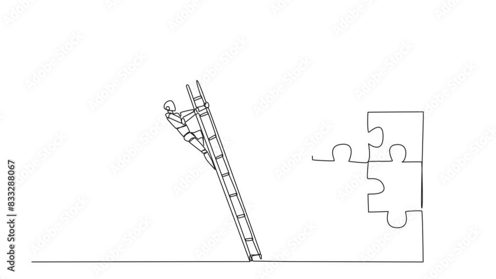 Poster animated self drawing of single one line drawing smart robot kicks opponent who climbing the puzzle 