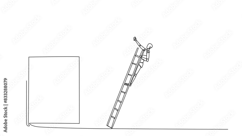 Poster self drawing animation of single continuous line drawing smart robot kicks opponent who is climbing 