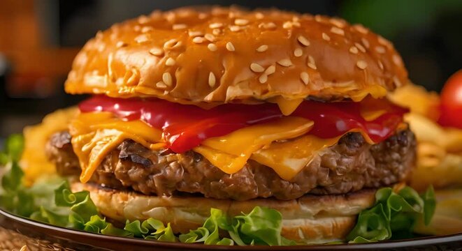 Delicious mouthwatering cheeseburger with beef veggies and ketchup on a plate. Concept Cheeseburger, Food Photography, Burger with Beef, Veggies, Ketchup, Plate Presentation
