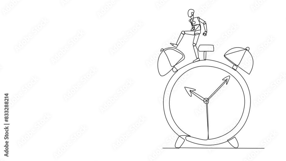 Poster animated self drawing of one line drawing smart robot kicks opponent who climbs the alarm clock with
