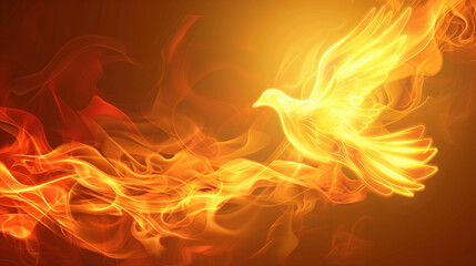 Fototapeta premium A burning dove, which is a symbol of the Holy Spirit in Christian beliefs. His wings of fire soar in the air, exuding strength and divinity