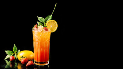 Tall glass filled with fresh orange juice and topped with mint leaves, isolated on a single-color black background.