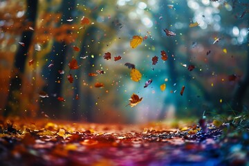 A cascade of rainbow-colored leaves falling in a forest