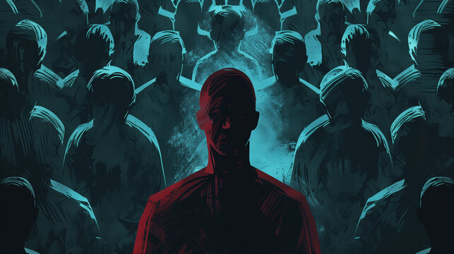 A shadowy figure who stands surrounded by anonymous people, illustrating the theme of media manipulation and crowd psychology.