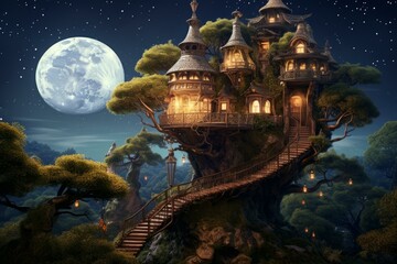 Magical treehouse in a mystical forest setting with a full moon and starry sky background