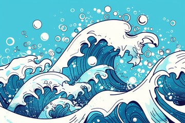 Obraz premium Cartoon cute doodles of a halftone ocean wave crashing with foamy bubbles, Generative AI