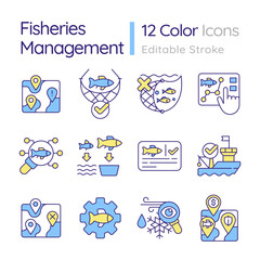 Fisheries management RGB color icons set. Fishing restriction, vessel registration. Fishery policy. Isolated vector illustrations. Simple filled line drawings collection. Editable stroke