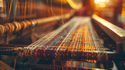 Traditional weaving loom creating textile. Close-up of a traditional weaving loom creating colorful textile, showcasing the ancient art of weaving.