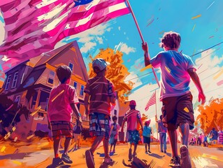 Fototapeta premium Group of children walking in a colorful parade holding an American flag in a vibrant neighborhood setting on a sunny day.