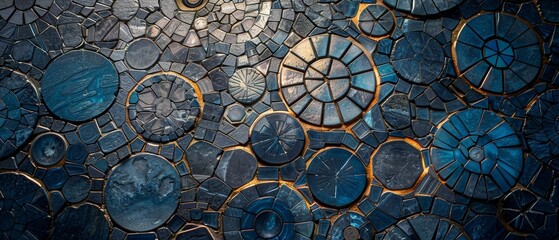  Abstract Mosaic Stone Tile Background with Blue Circular Pattern for Creative Artistic Design and Interior Decoration