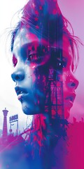 Surreal double exposure of a woman's face combined with an urban cityscape, blending vibrant pink and blue hues to create a dreamy effect.