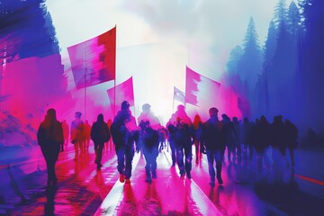 Vibrant, colorful, and dreamy image depicting a crowd of people carrying flags in a misty landscape, enhanced by neon lighting effects.