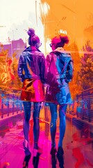 Vibrant abstract painting of two women walking in colorful scenery, emphasizing friendship and modern art in an urban setting.