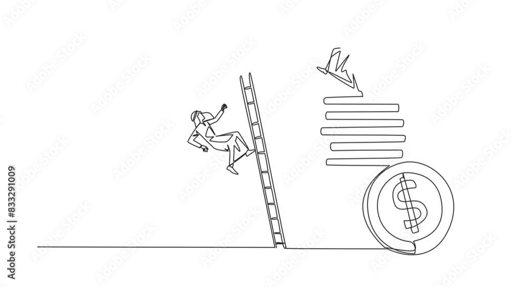 Poster animated self drawing of continuous line drawing arab businessman kicks opponent who climbs a pile o