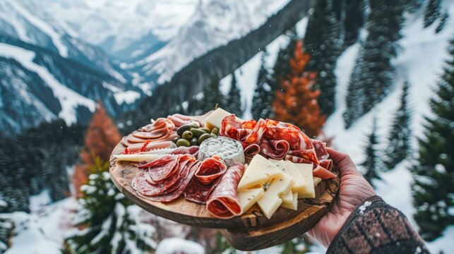 A single hand holding a wooden platter of cold meats and cheeses from the Alps with a snowy mountain and red pine in the backdrop