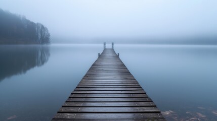 Fototapeta premium Tranquil wooden dock extends into a calm, fogcovered lake, evoking a sense of peace and solitude in the early morning