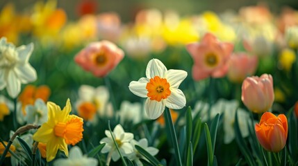 Vibrant closeup of colorful daffodils and tulips blooming in a lush spring garden. Showcasing the beauty of seasonal botanical flora and vibrant springtime horticulture in the sunlight with fresh